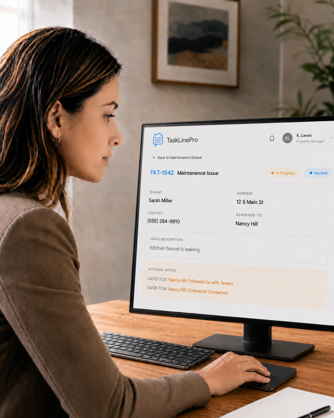 Property manager reviewing tenant maintenance tickets on TaskLinePro